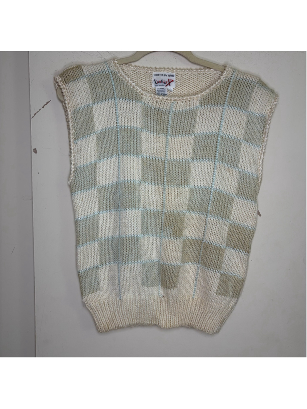 Vintage Licorice Hand-Knit Checkered Sweater Vest Large Ramie Blend Pastel Sage